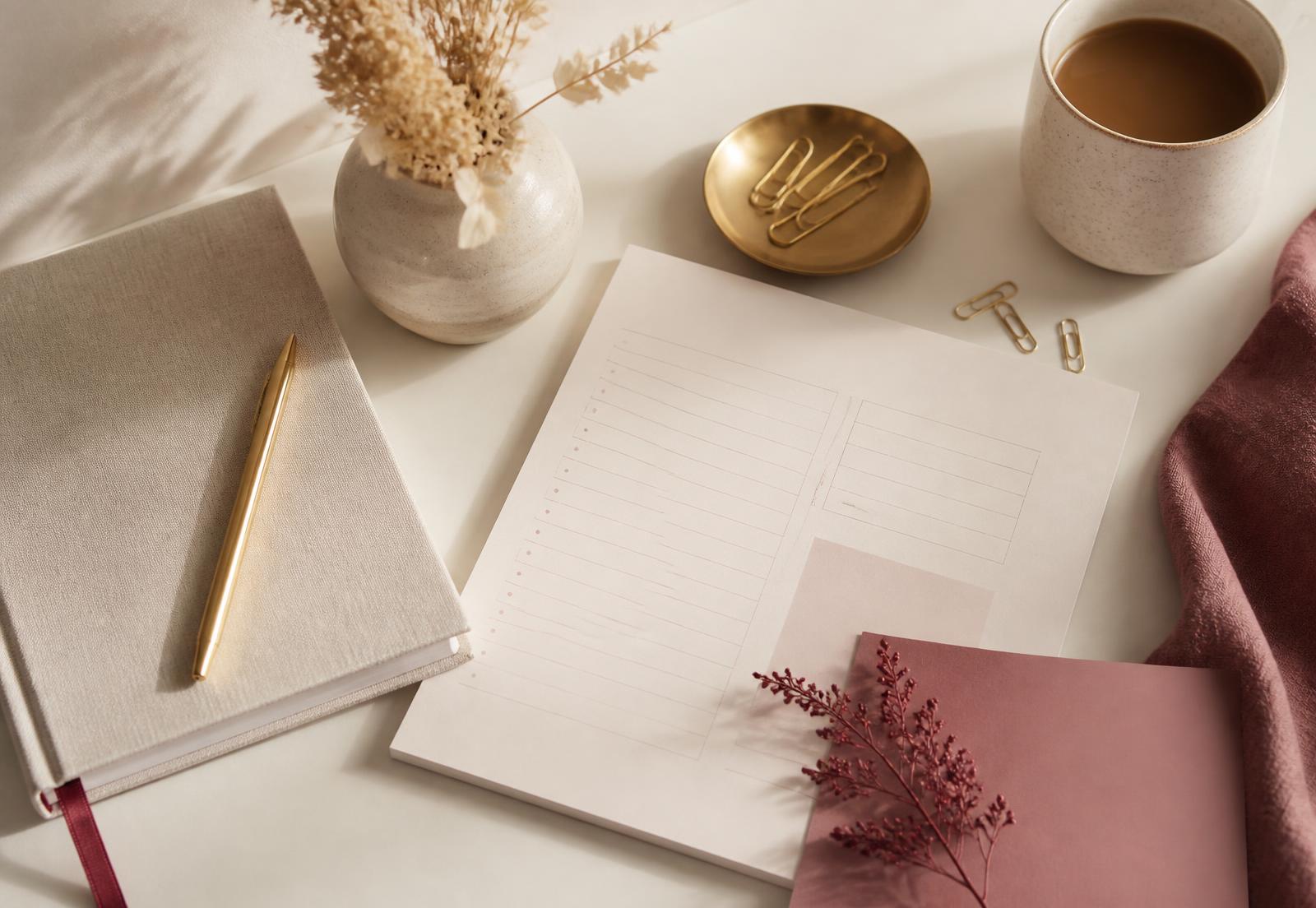 Escritorio ordenado con cuaderno, hoja de planificación y detalles dorados